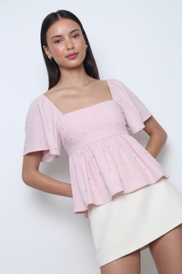 Moonlit Pearl Flutter Sleeves Top Pink (Backorder)