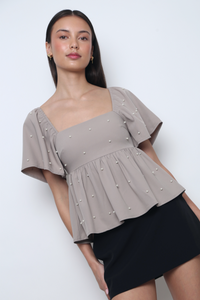 Moonlit Pearl Flutter Sleeves Top Taupe (Backorder)