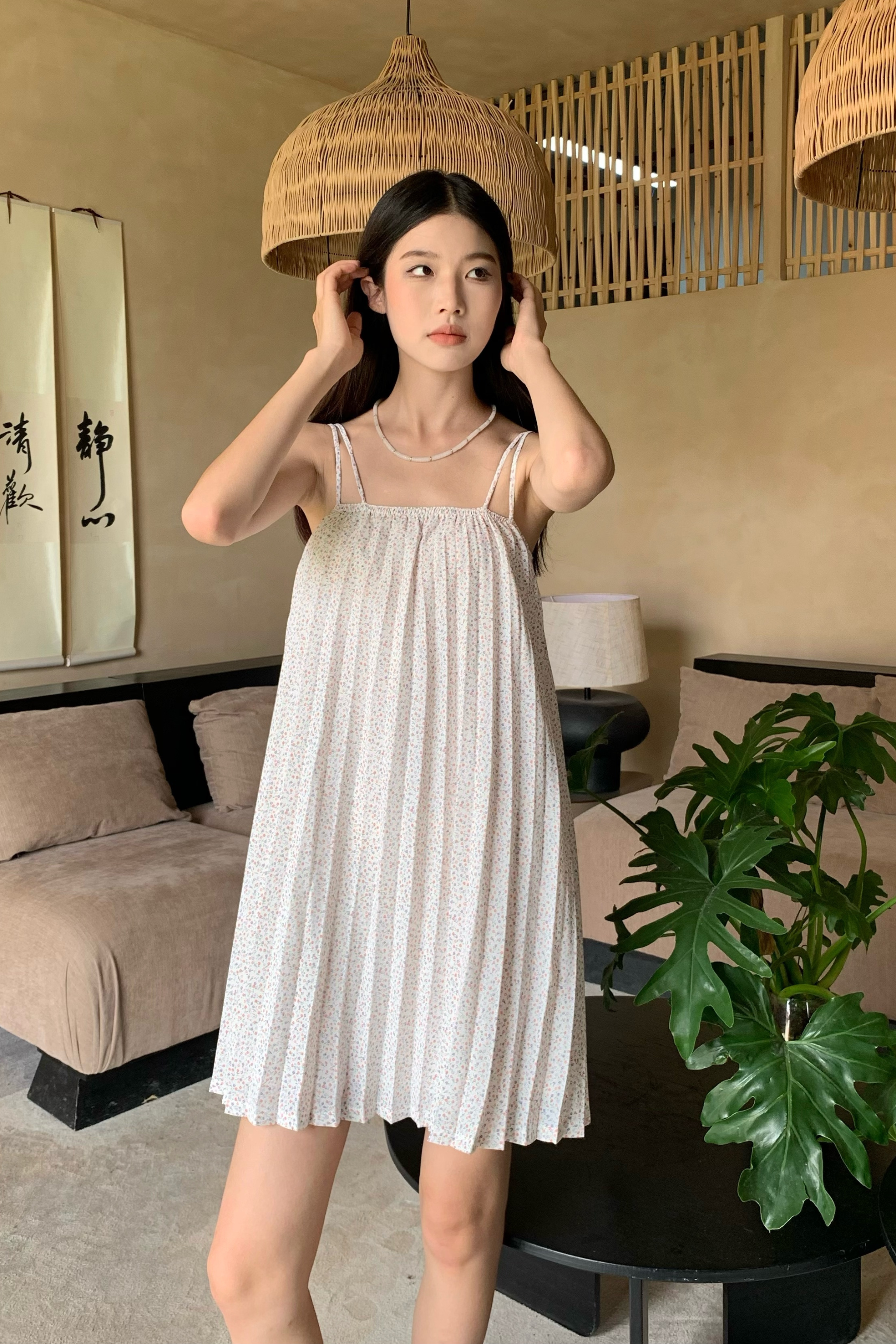 Beryl Floral Pleat Dress White
