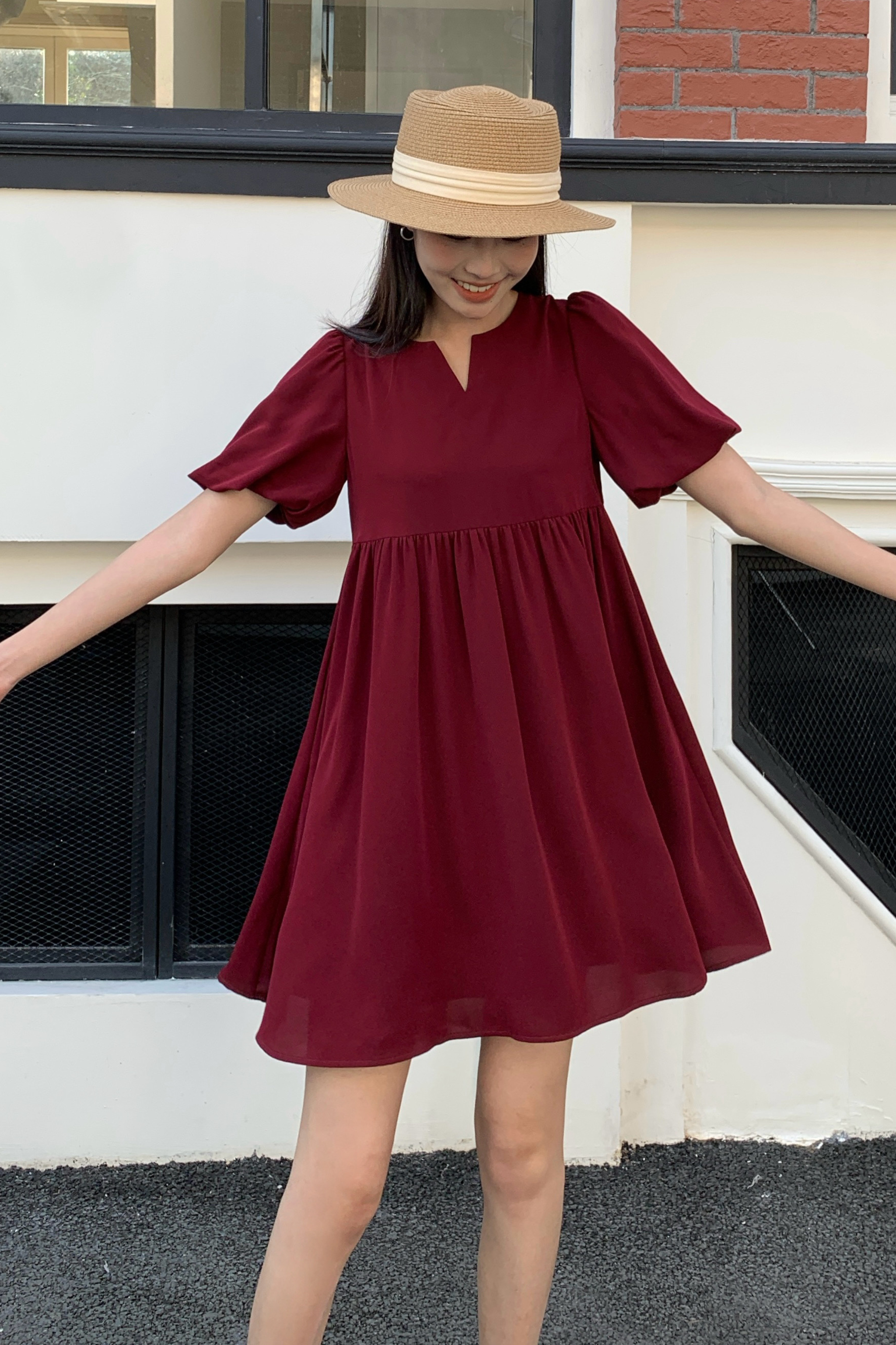 Bella Bubble Sleeves Babydoll Dress Burgundy