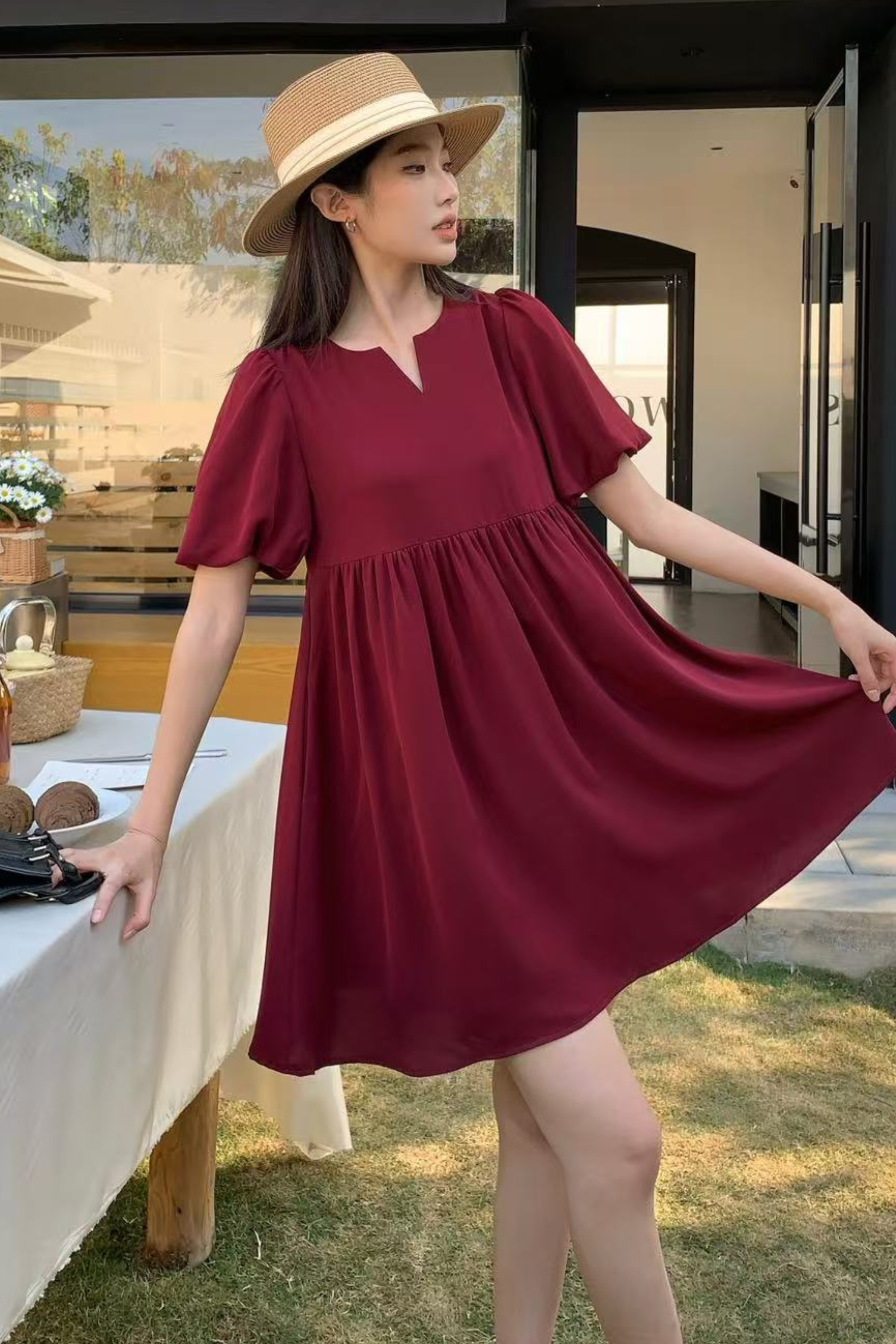 Bella Bubble Sleeves Babydoll Dress Burgundy
