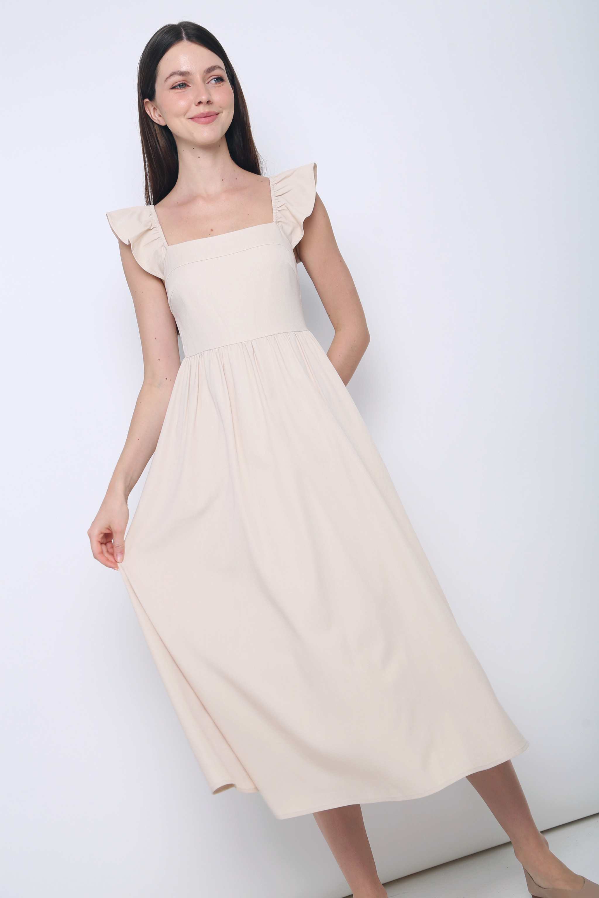 Anica Flutter Sleeves Midaxi Dress Cream