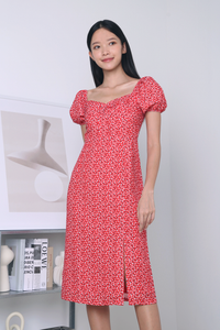 Avie Sweetheart Printed Midi Dress Red