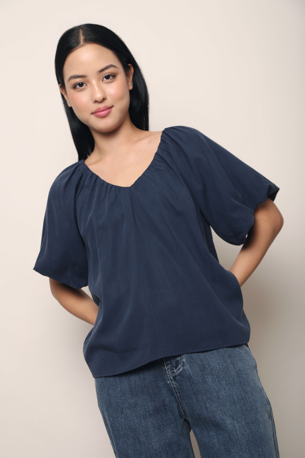 Bisou Pleat Around Blouse Navy