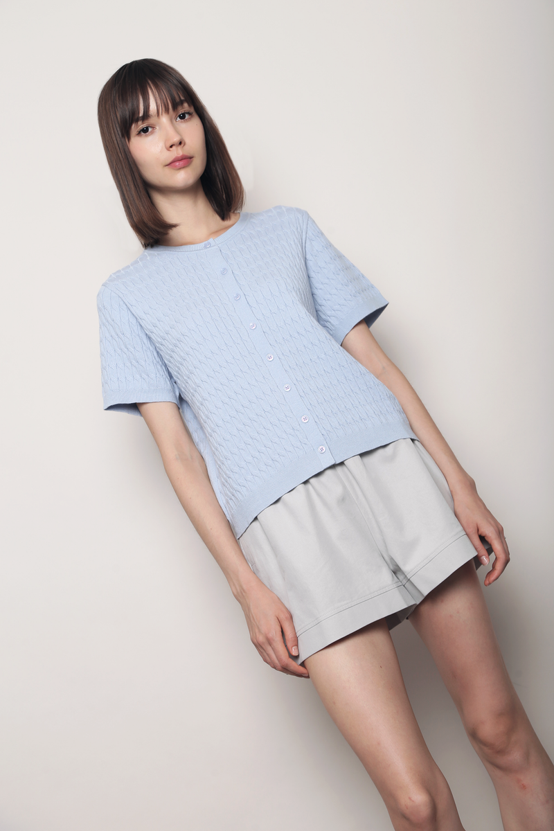 Braided Button Down Knit Blouse Powder Blue