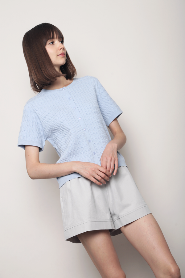 Braided Button Down Knit Blouse Powder Blue