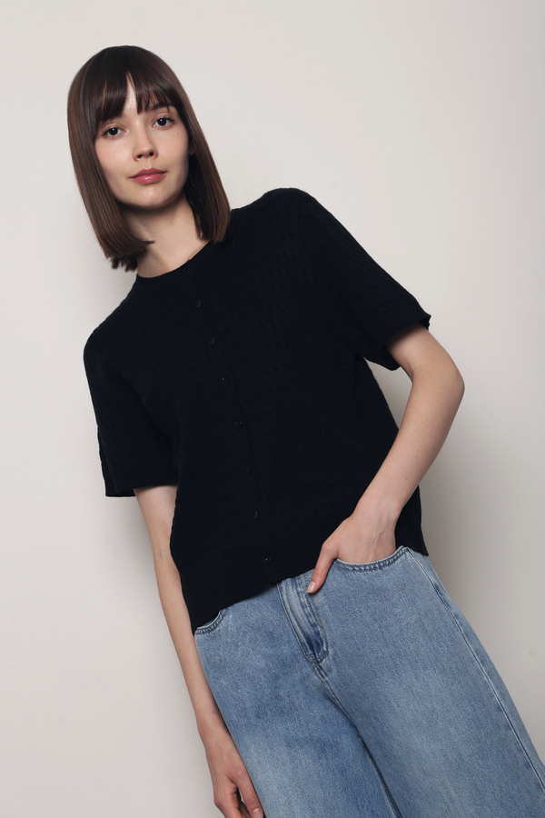 Braided Button Down Knit Blouse Black