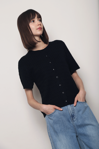 Braided Button Down Knit Blouse Black