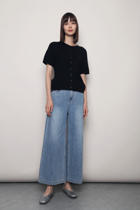 Braided Button Down Knit Blouse Black