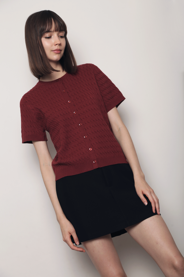 Braided Button Down Knit Blouse Merlot