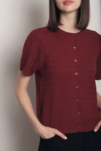 Braided Button Down Knit Blouse Merlot
