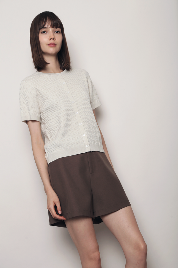 Braided Button Down Knit Blouse Cream