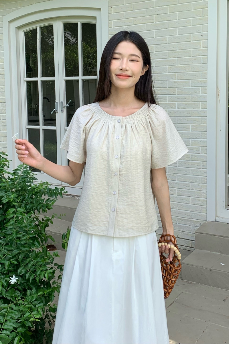 Breezette Smocked Neckline Blouse Ivory