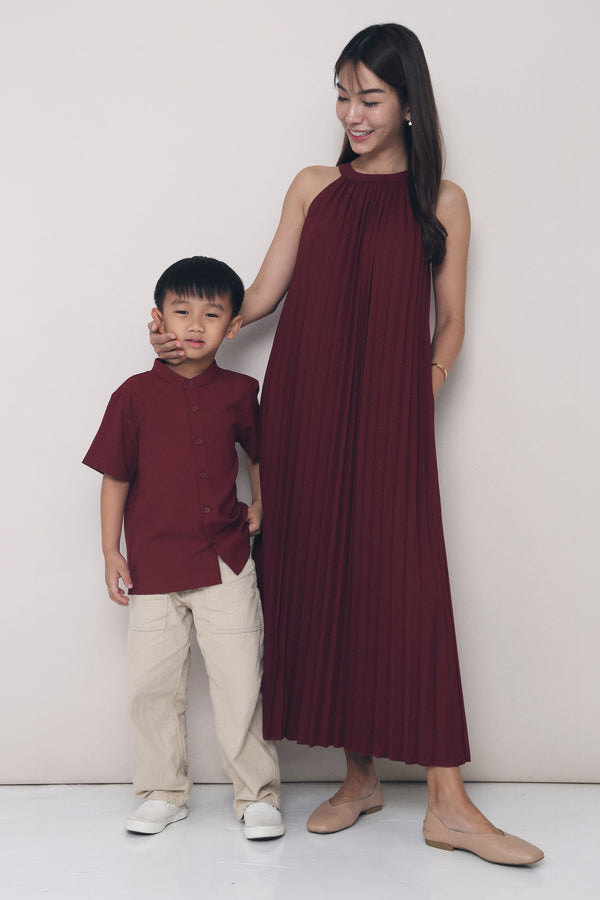 CNY Hope Pressed Pleat Midaxi Dress Burgundy