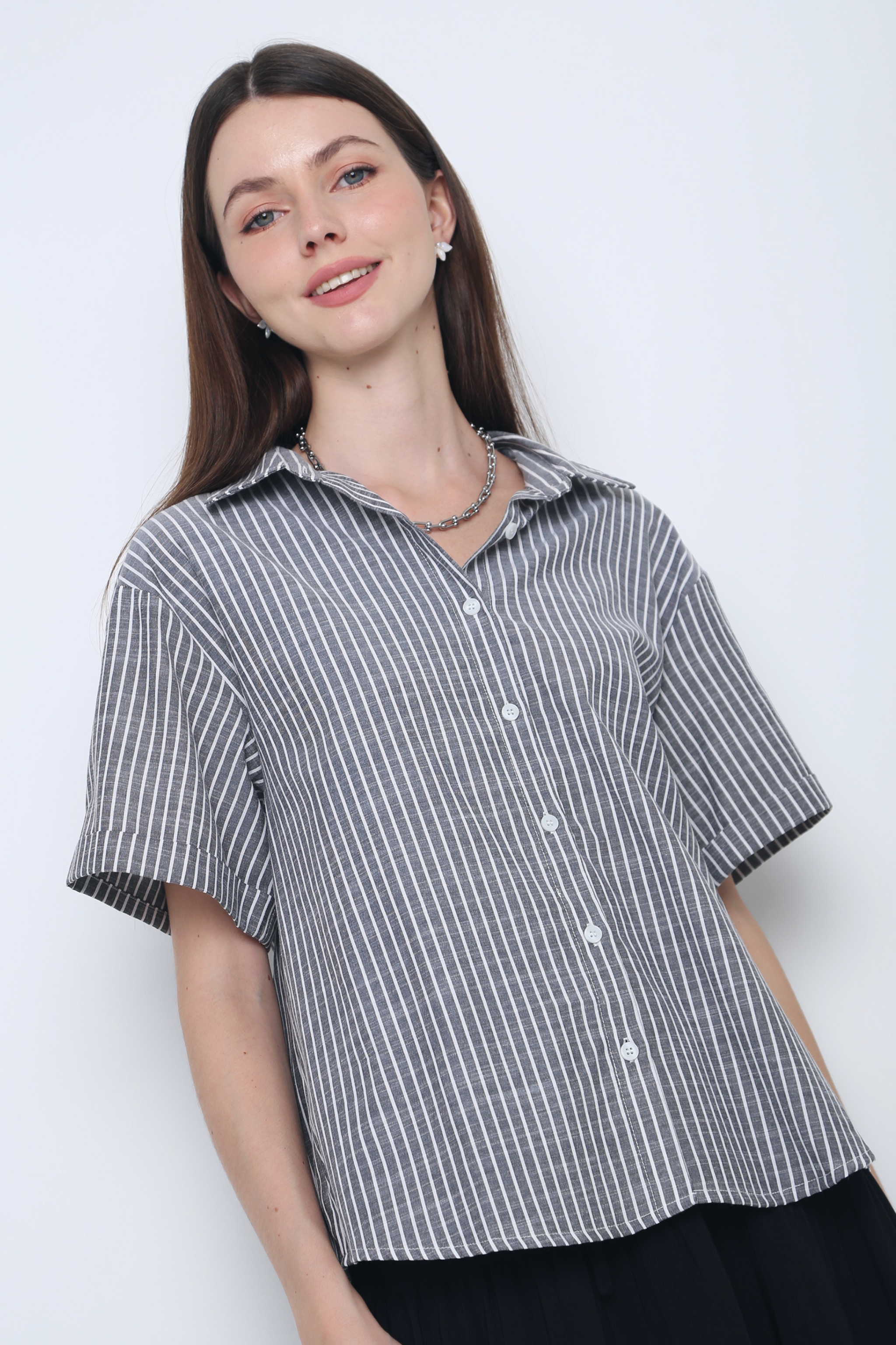 Ashton Stripe Boxy Shirt Grey