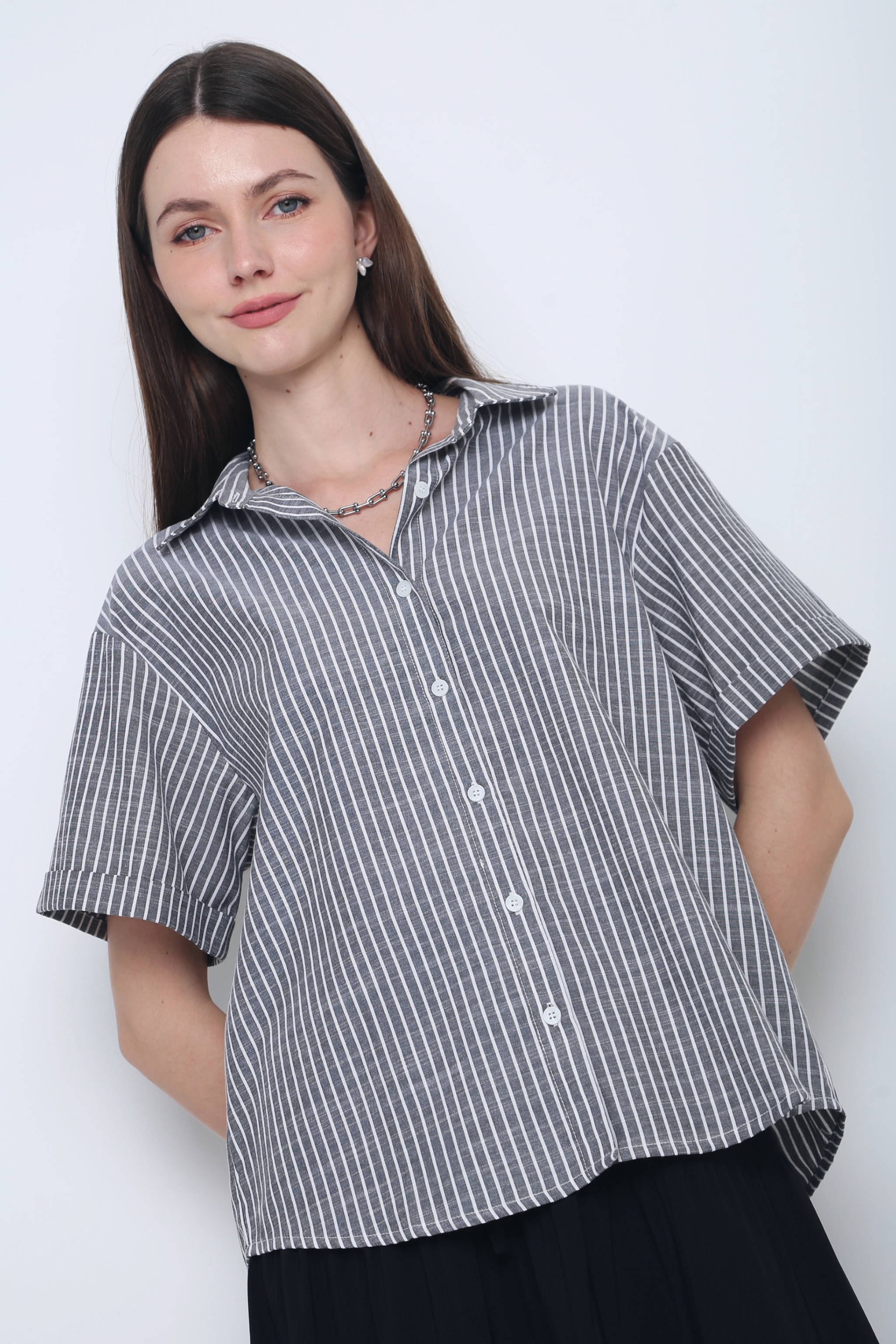 Ashton Stripe Boxy Shirt Grey
