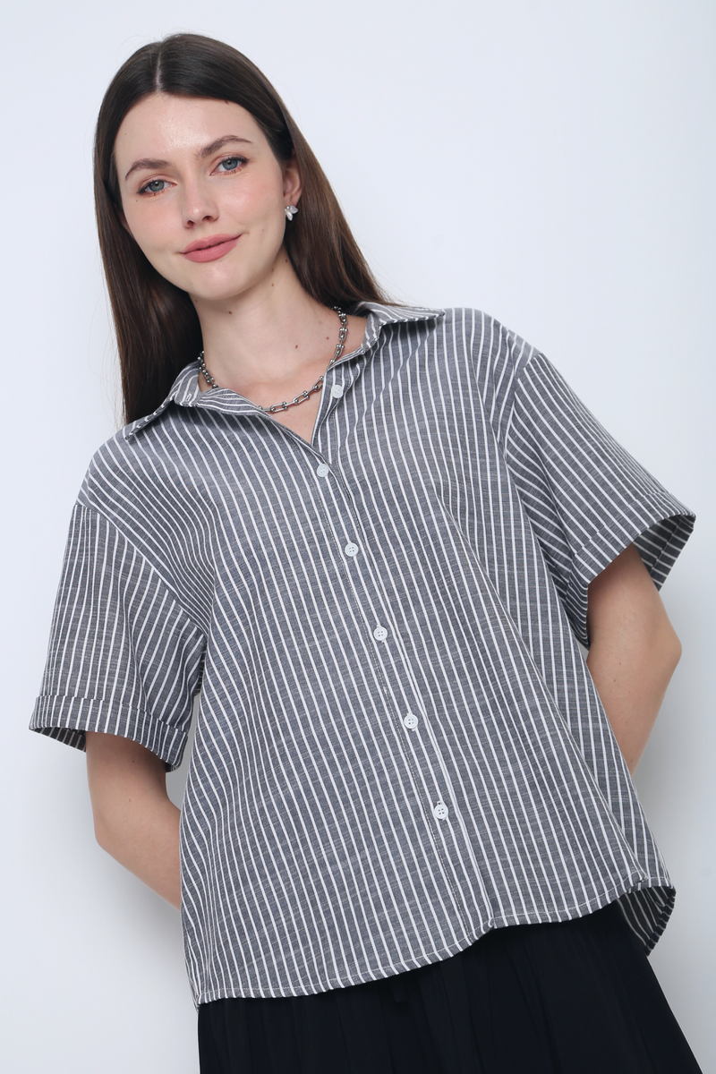 Ashton Stripe Boxy Shirt Grey