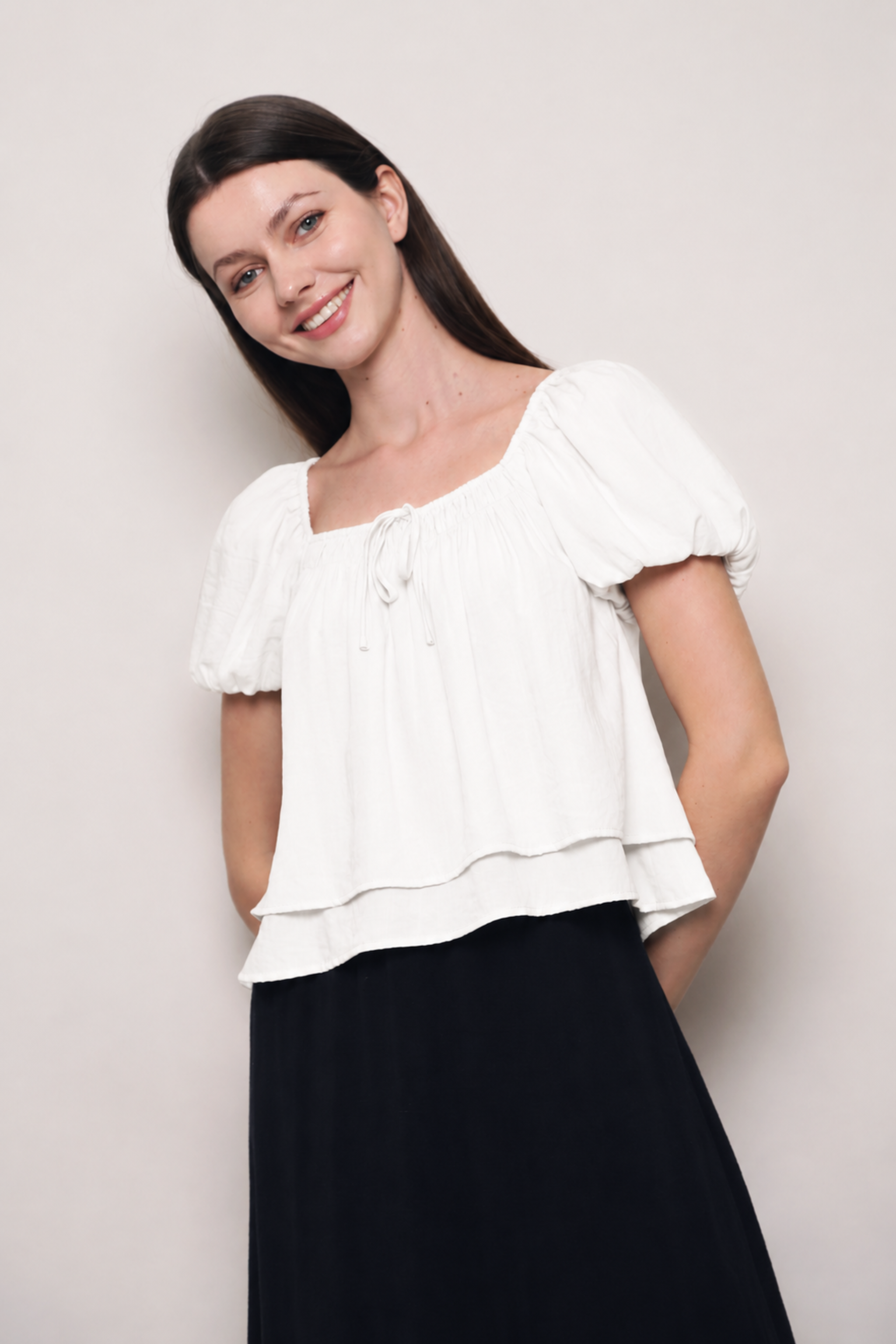Cloud Line Puff Sleeves Top White
