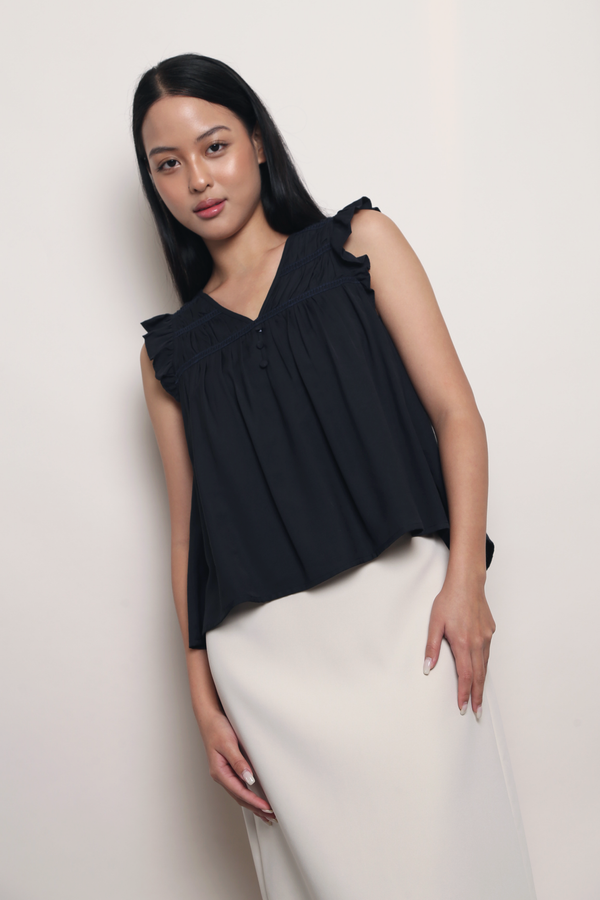 Eyelet My Way Ruffle Top Navy