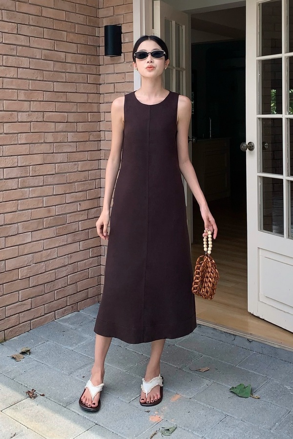 Field Song Linen Midi Dress Chestnut Brown (Backorder)