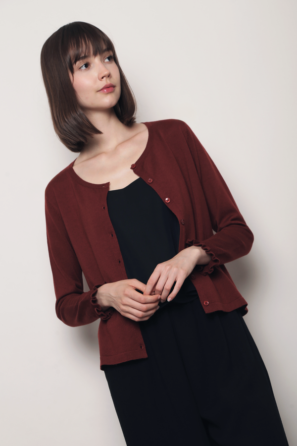 Flirty Ruffle Knit Cardigan Mahogany Red