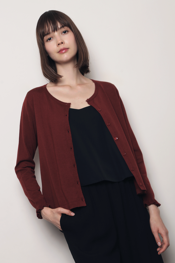 Flirty Ruffle Knit Cardigan Mahogany Red