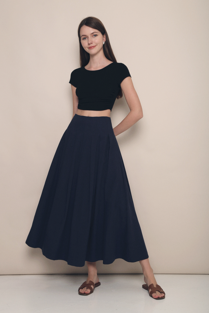 Hana Pleat Linen Skirt Navy