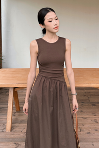 Hepburn Slant Waist Midi Dress Brown (Backorder II)