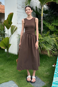 Hepburn Slant Waist Midi Dress Brown (Backorder II)
