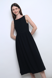 Honey Boat Neck Linen Dress Black