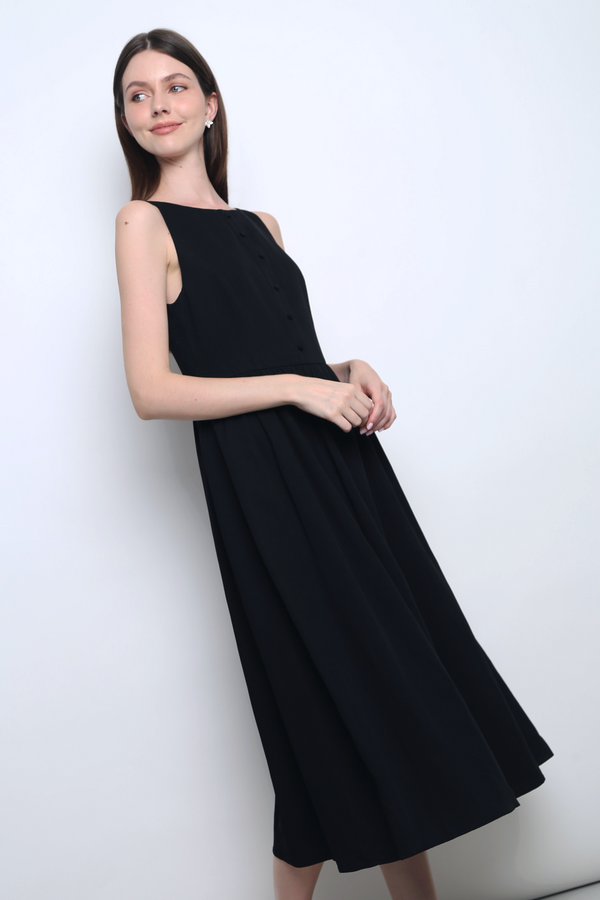 Honey Boat Neck Linen Dress Black