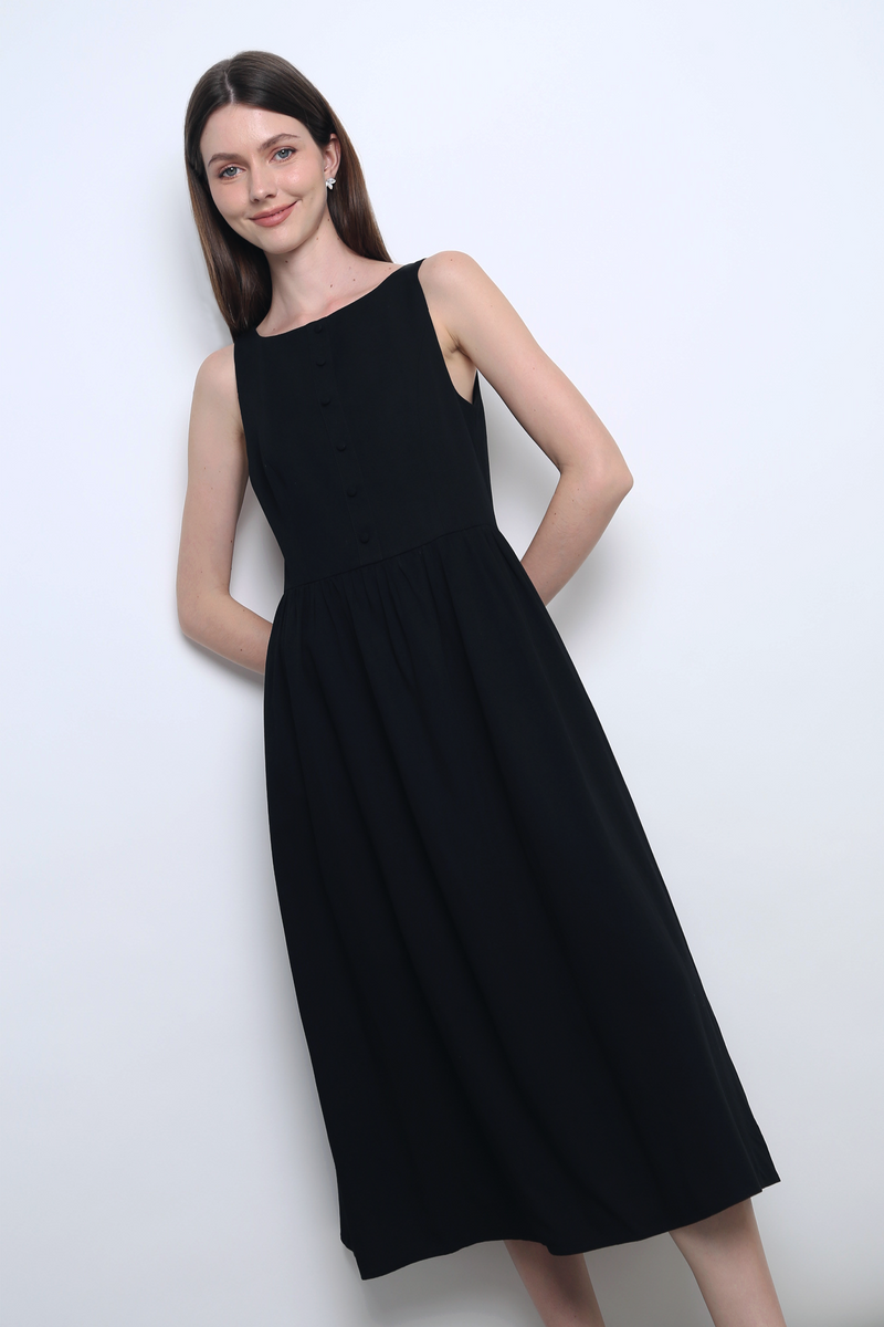 Honey Boat Neck Linen Dress Black