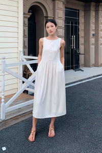 Honey Boat Neck Linen Dress Ecru