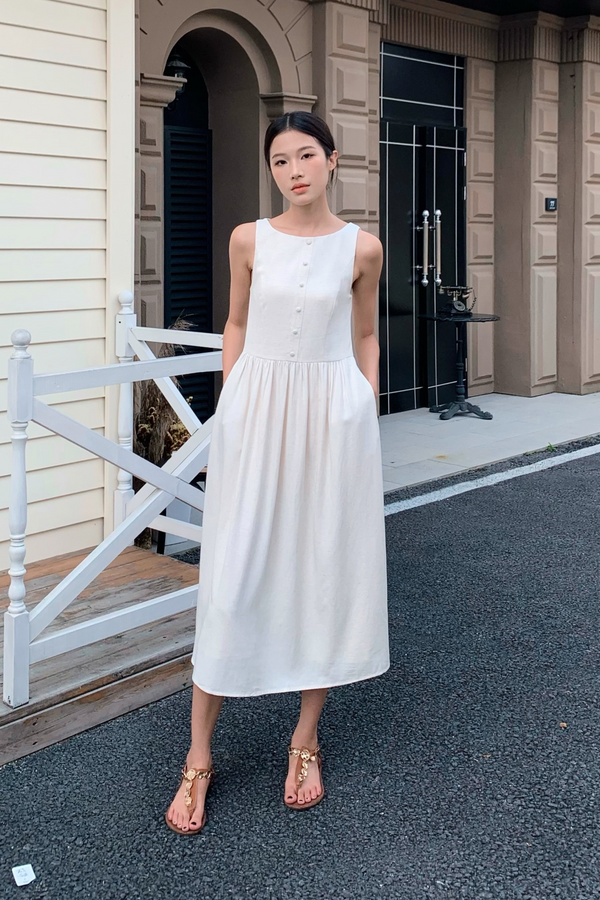 Honey Boat Neck Linen Dress Ecru