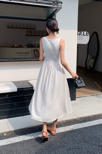 Honey Boat Neck Linen Dress Ecru