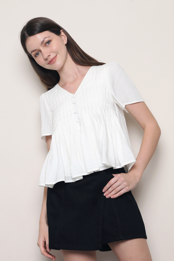 Honeycomb Pintuck Babydoll Blouse White (Backorder)