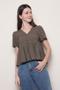Honeycomb Pintuck Babydoll Blouse Taupe (Backorder)