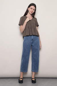 Honeycomb Pintuck Babydoll Blouse Taupe (Backorder)