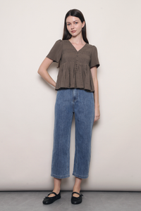 Honeycomb Pintuck Babydoll Blouse Taupe (Backorder)