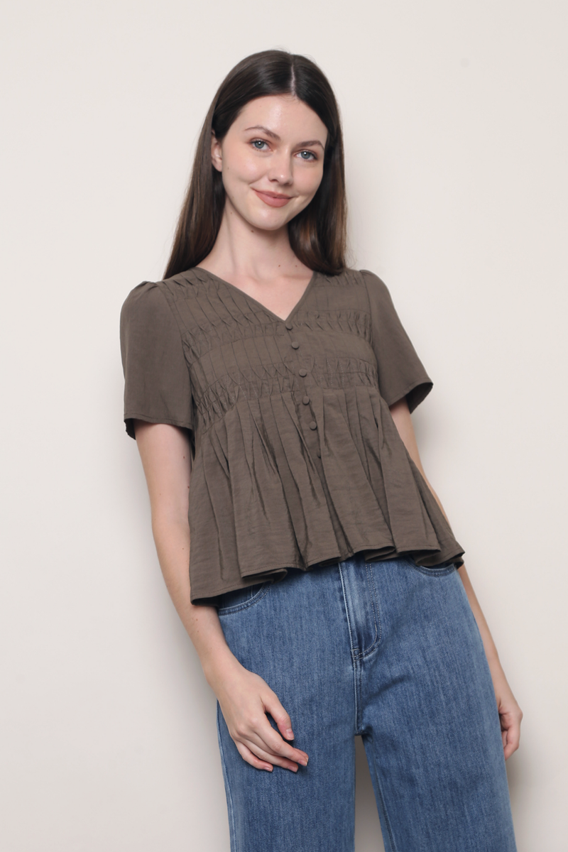 Honeycomb Pintuck Babydoll Blouse Taupe (Backorder)