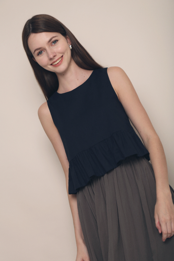 Jumi Ruffle Linen Blouse Navy