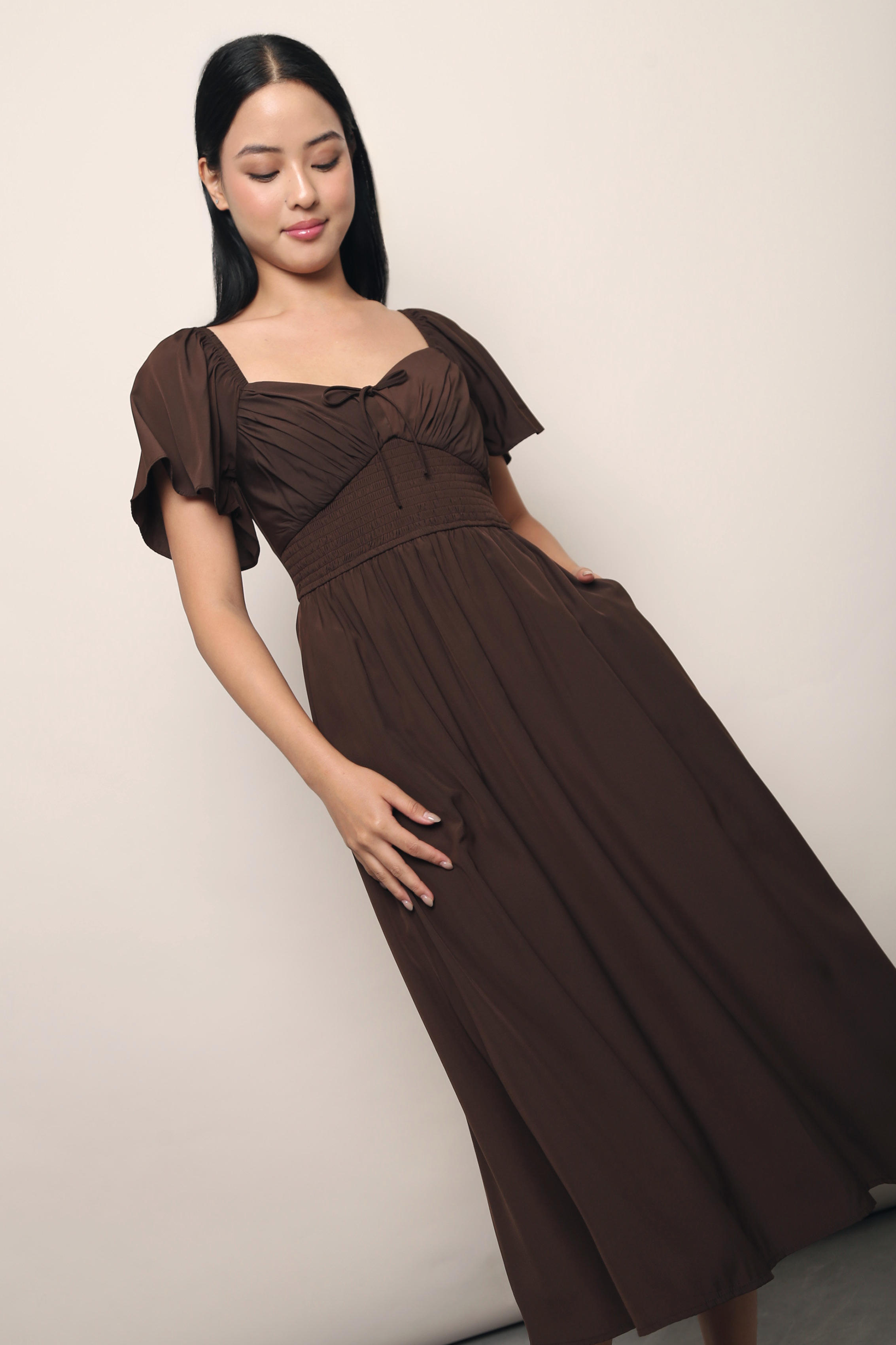 Laurent Smocked Waist Midaxi Dress Brown