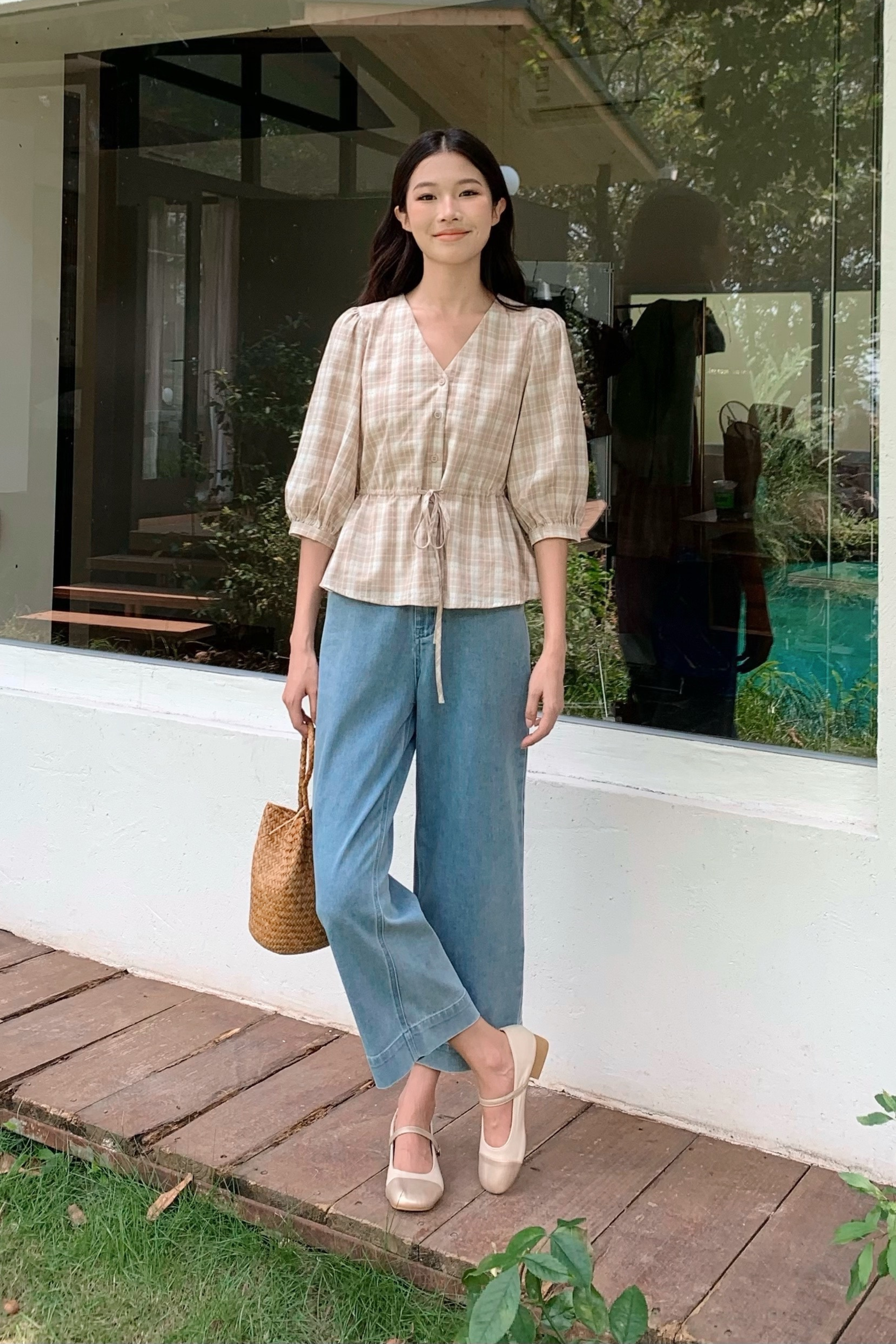 Lilou Checkered Tie Waist Blouse Oat
