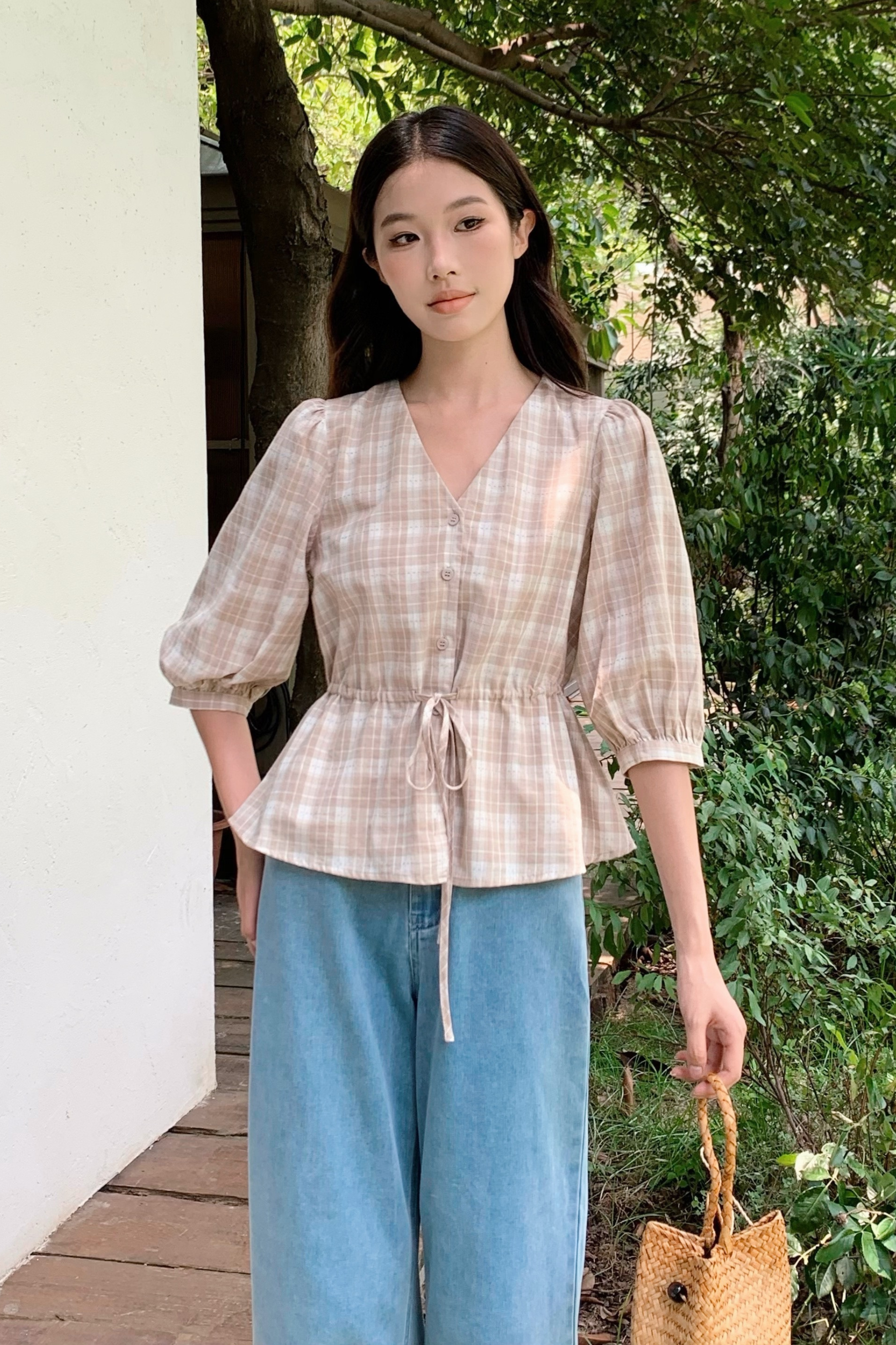 Lilou Checkered Tie Waist Blouse Oat