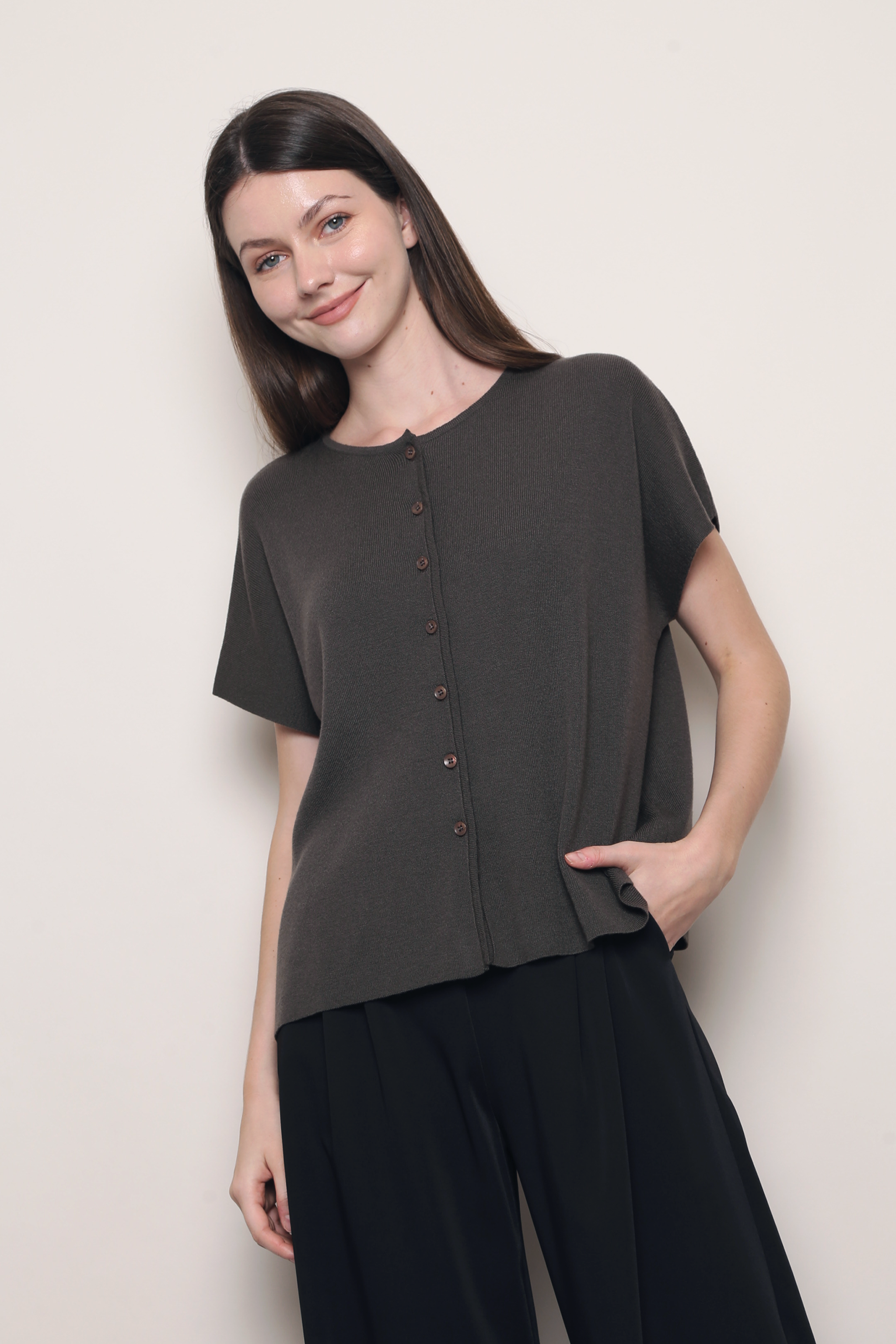 Manhattan Button Down Knit Blouse Brown (Backorder)