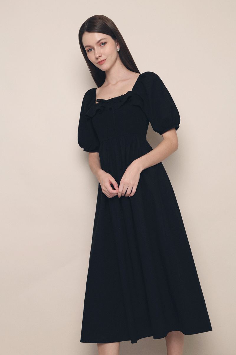 Moon Smocked Ruffle Midaxi Dress Black