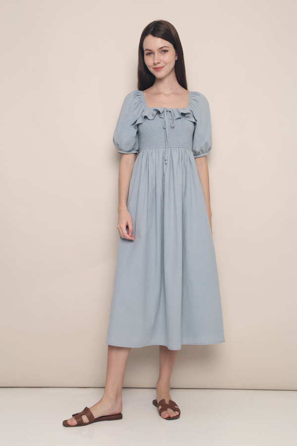 Moon Smocked Ruffle Midaxi Dress Sky