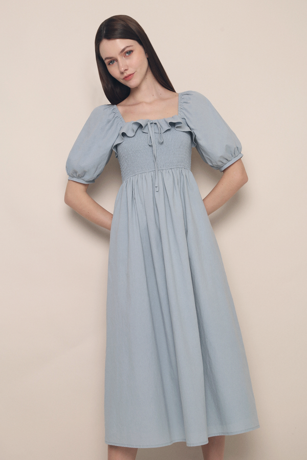 Moon Smocked Ruffle Midaxi Dress Sky