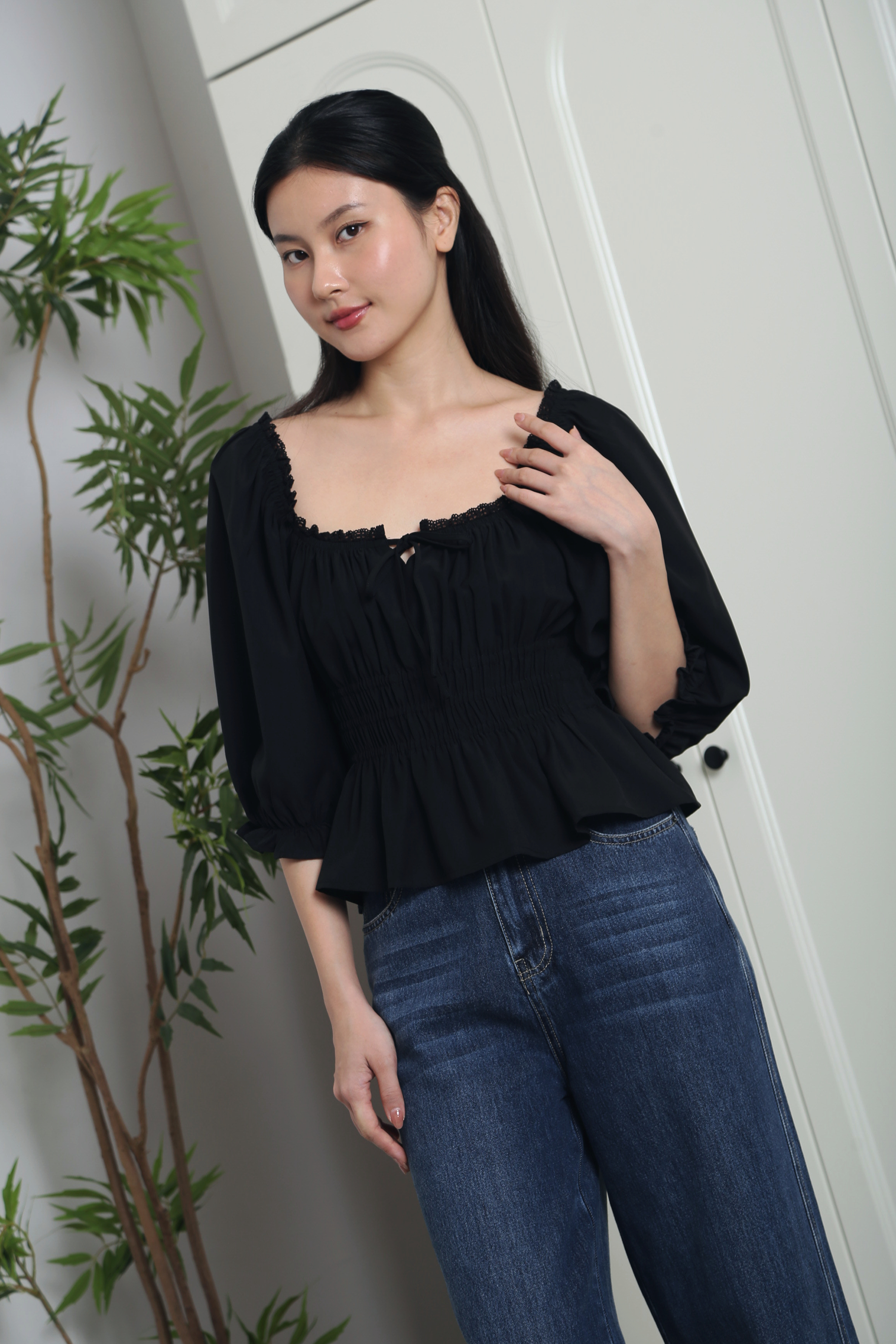 Moonlily Lace Trim Blouse Black (Restock)