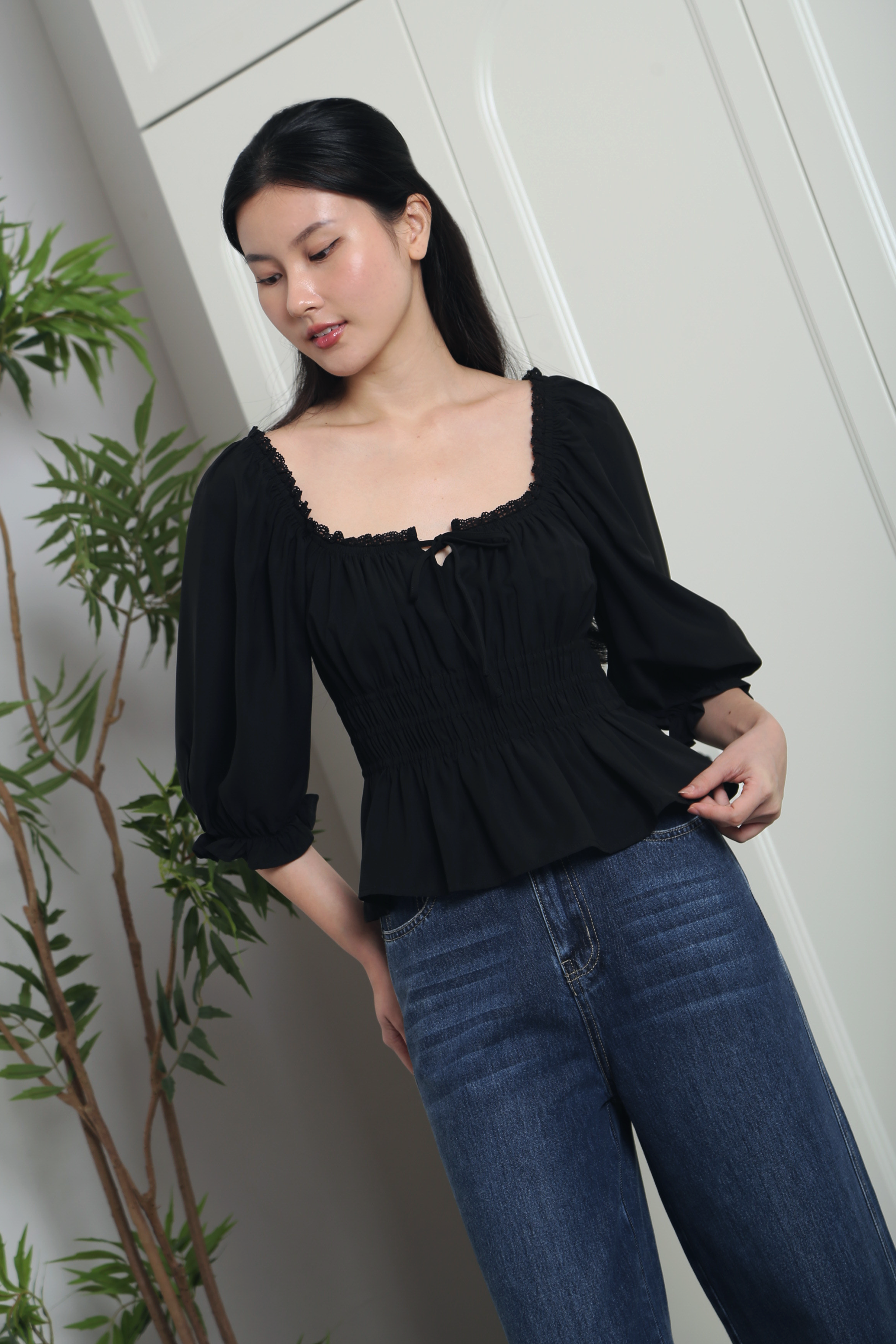 Moonlily Lace Trim Blouse Black (Restock)